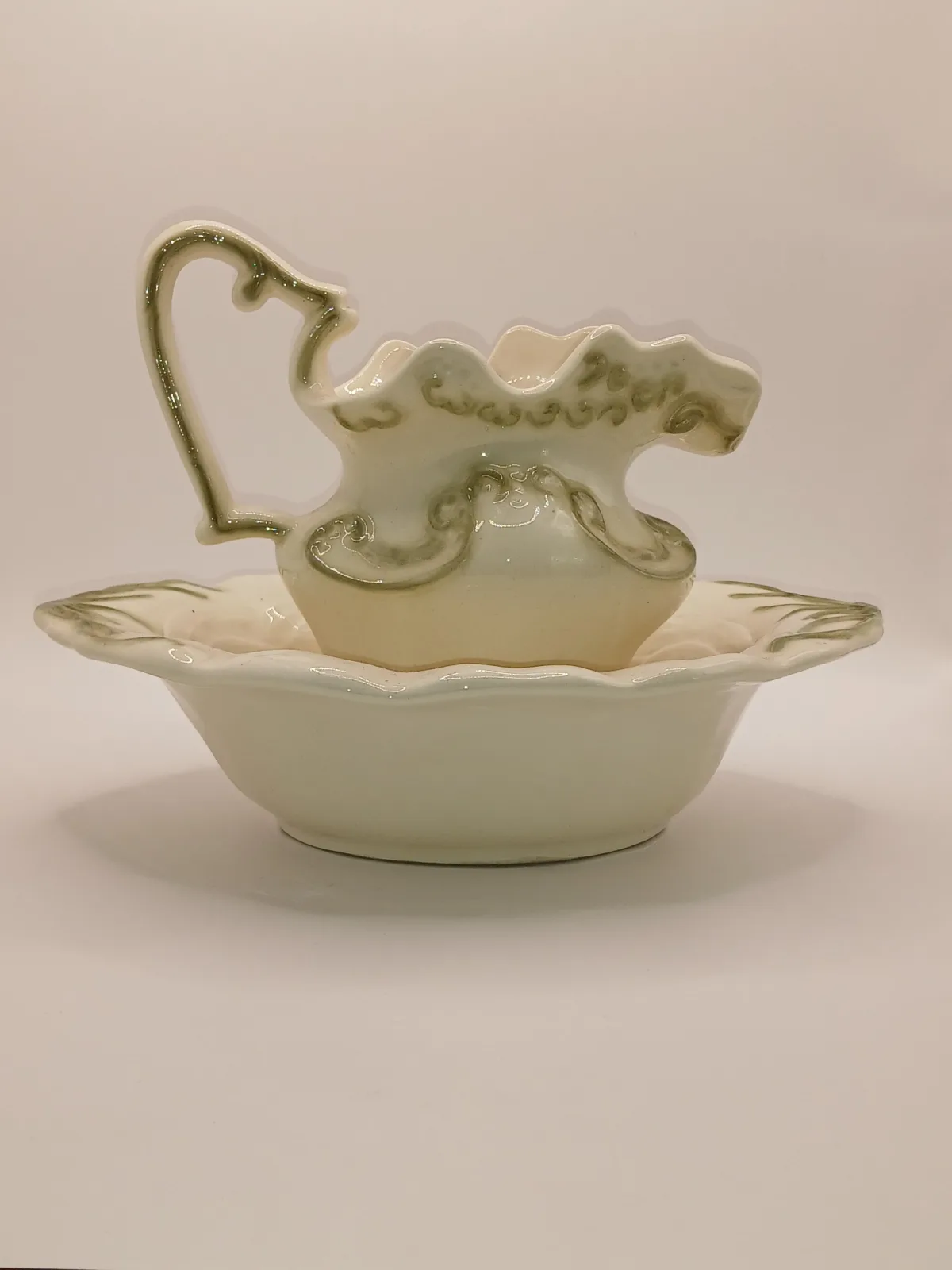 Arnells Jug and Bowl Set Cream Green Ceramic Wash Set 1970s