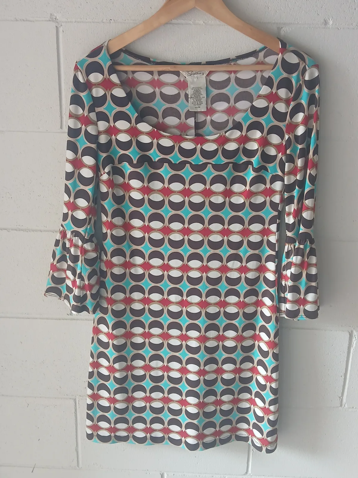 Speachless Geometric Print Dress Size M Y2K Retro Ruffle Sleeve Stretch